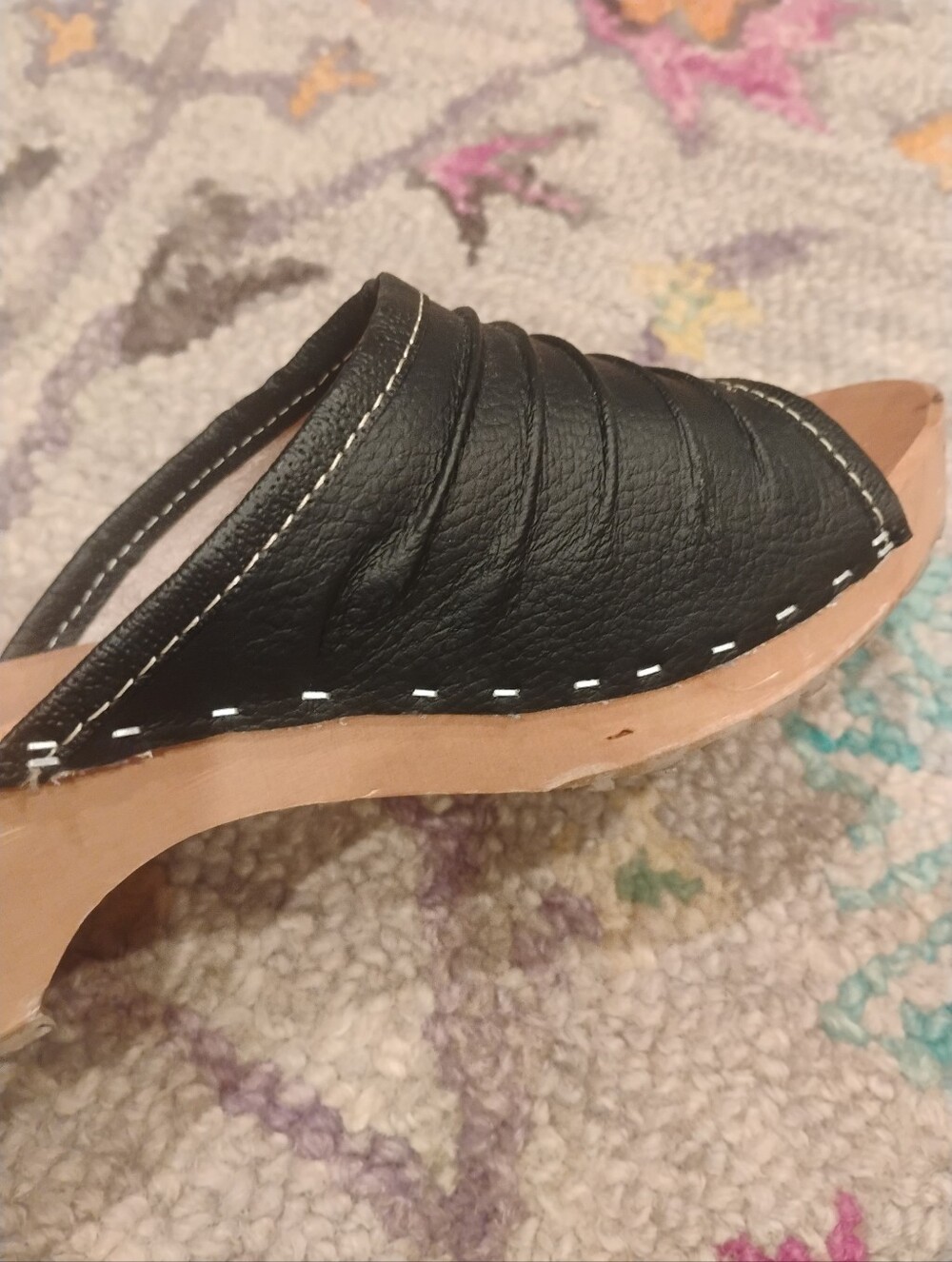 Women's Black Leather Wooden Slide Sandal 8.5